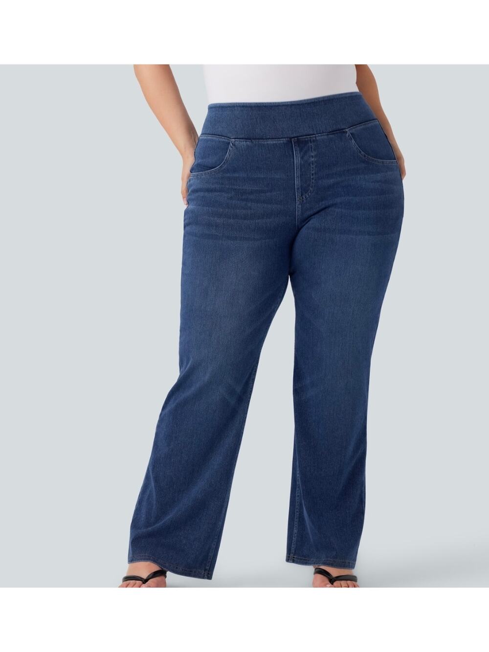 Sz 1X HALARA Blue Flex™ High Waist Pocket Washed Casual Bootcut Stretch Jeans